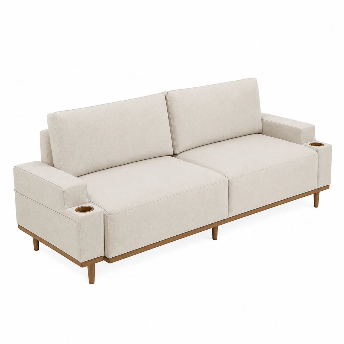 3-Sitzer Sofa Textil Beige mit Holzrahmen und Becherhalter