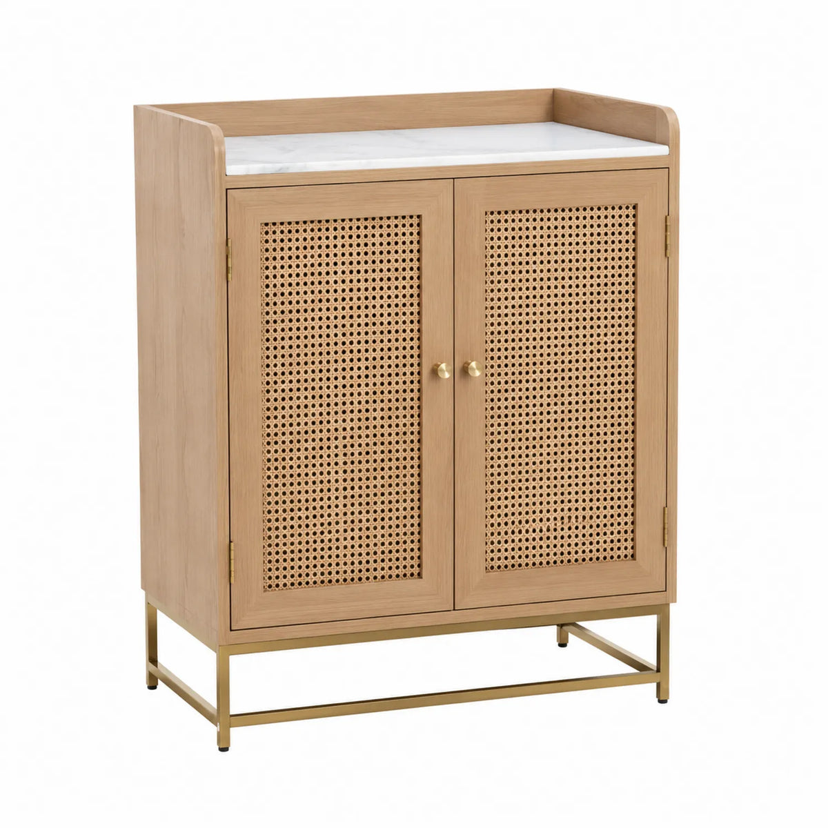 Sideboard aus Holz mit Rattan-Türen und Marmorplatte