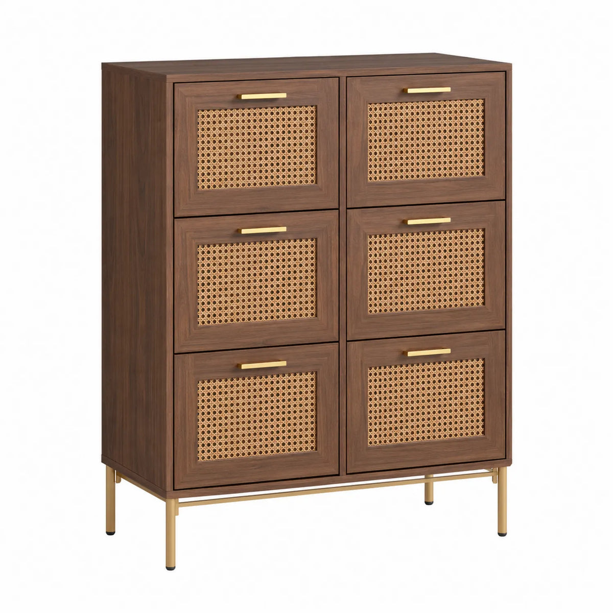 Holz und Rattan Sideboard mit 6 Schubladen, Braun/Beige