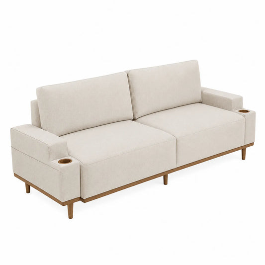 3-Sitzer Sofa Textil Beige mit Holzrahmen und Becherhalter