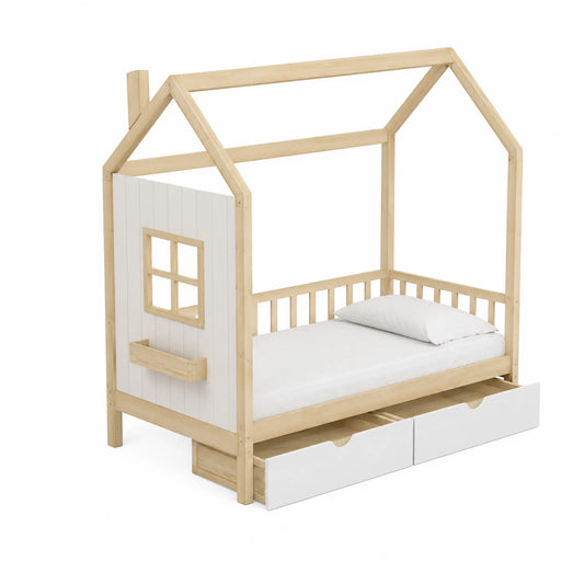 Kinderhausbett aus Kiefernholz mit Schubladen Weiß 200x90cm