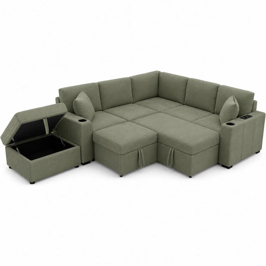 Ecksofa aus Cordstoff mit Stauraum und USB-Anschlüssen Grün 270x270cm