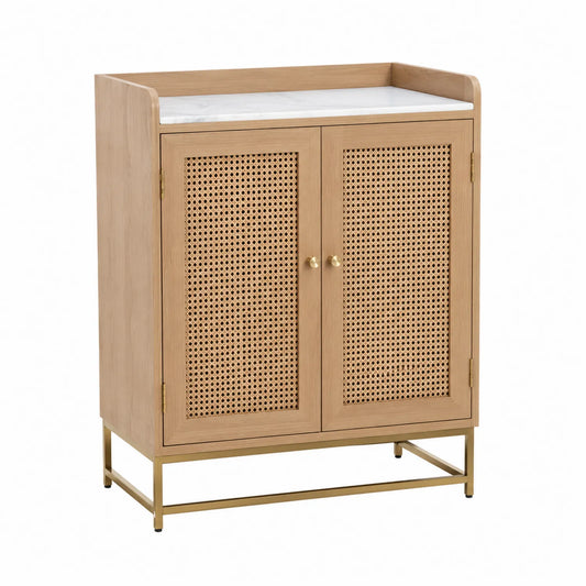 Sideboard aus Holz mit Rattan-Türen und Marmorplatte