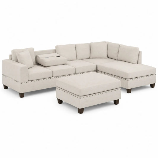 Ecksofa Set mit Ottomane Leinen Holz