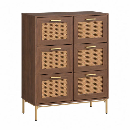 Holz und Rattan Sideboard mit 6 Schubladen, Braun/Beige